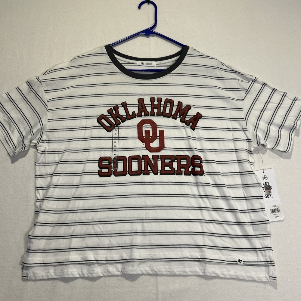 47 Brand Oklahoma Sooners Women XL White Striped Cropped T Shirt NWT